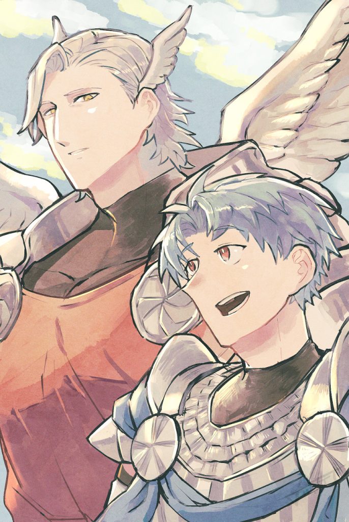 アレフォド　アレインとフォドキアが並んでいる絵　アレインはフォドキアを見上げて笑っていて、フォドキアはそれを見下ろしている。